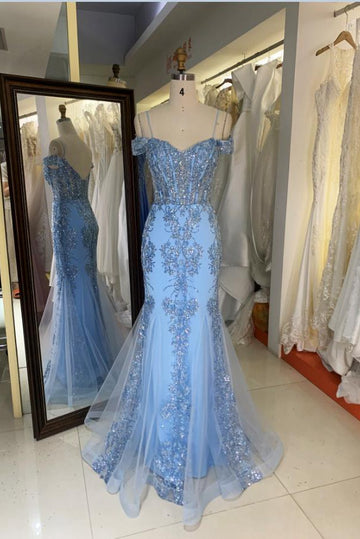 Trendy Blue Junior Off-the-shoulder Straps Lace Beading Mermaid Prom Gown JTR005