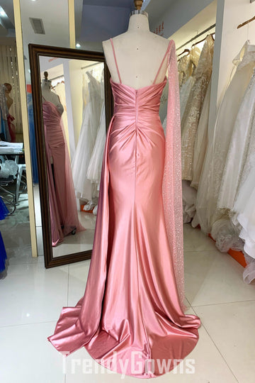 Trendy Pink Straps Beading Mermaid Prom Gown JTR006