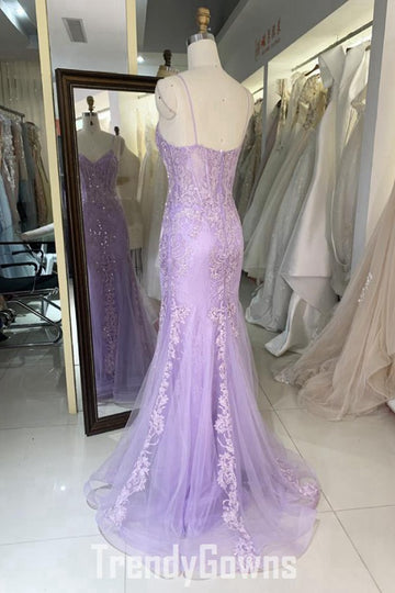 Trendy Purple Straps Lace Beading Mermaid Prom Gown JTR007