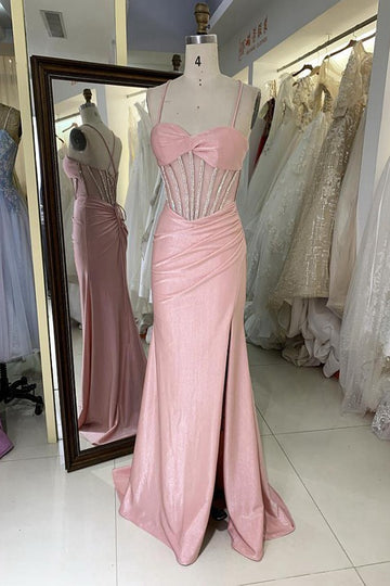 Trendy Pink Straps Slit Mermaid Prom Gown JTR008