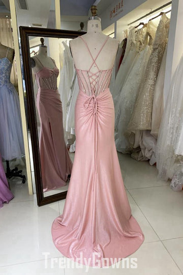 Trendy Pink Straps Slit Mermaid Prom Gown JTR008
