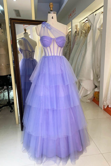 Trendy One Shoulder Ruffles Junior Purple A-line Prom Gown JTR009
