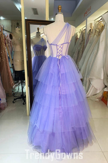 Trendy One Shoulder Ruffles Junior Purple A-line Prom Gown JTR009