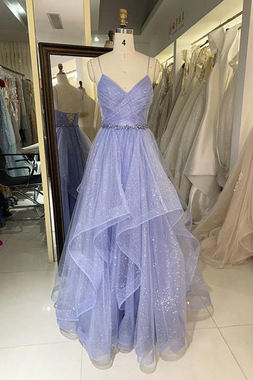 Trendy Straps V-neck Ruffles Junior Purple Princess Prom Gown JTR010