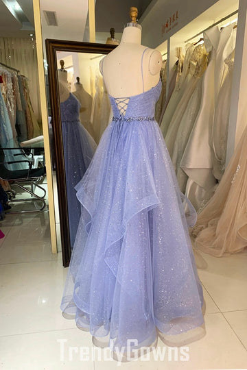 Trendy Straps V-neck Ruffles Junior Purple Princess Prom Gown JTR010