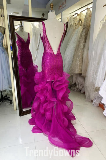 Trendy V-neck Ruffles Dark Fuchsia Prom Gown JTR011