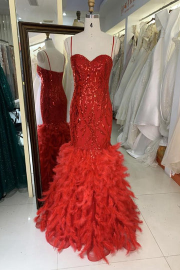 Trendy Red V-neck Feather Straps Sweetheart Mermaid Prom Gown JTR013