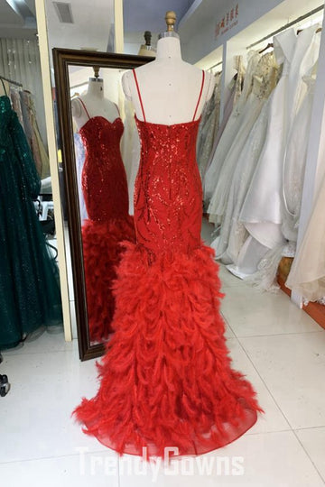 Trendy Red V-neck Feather Straps Sweetheart Mermaid Prom Gown JTR013