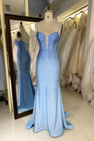 Trendy Blue Straps Mermaid Prom Gown JTR014
