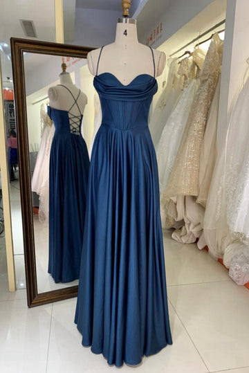 Trendy Navy Blue Straps Junior Sweetheart A-line Prom Gown JTR015