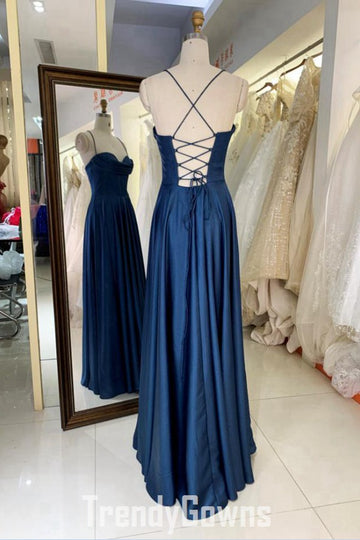 Trendy Navy Blue Straps Junior Sweetheart A-line Prom Gown JTR015