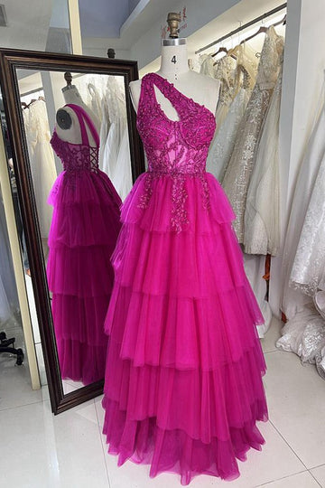 Trendy Dark Fuchsia One Shoulder Ruffles Junior A-line Prom Gown JTR016