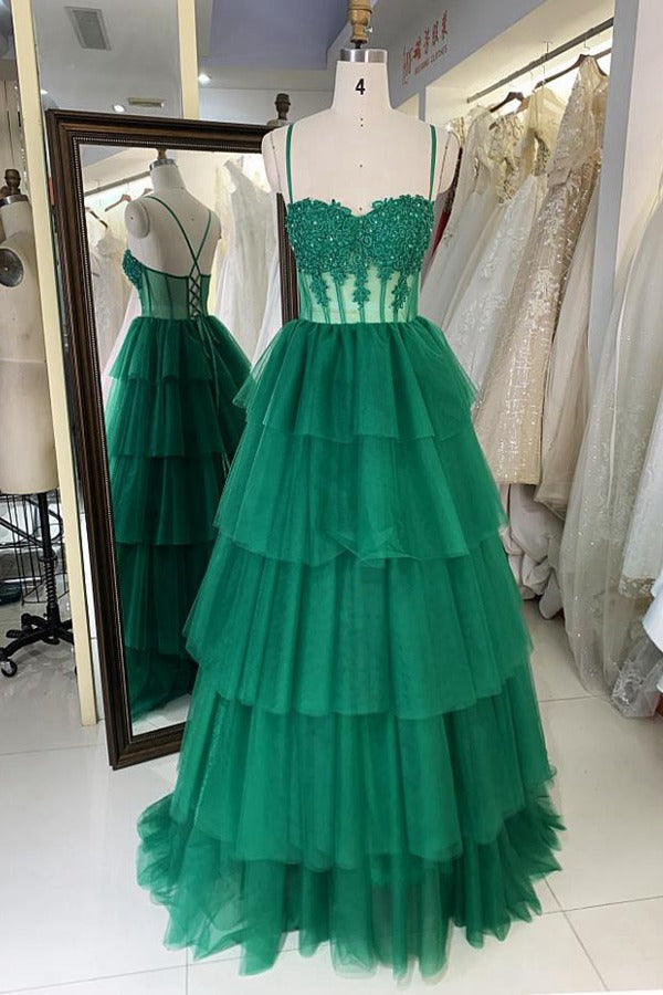 Trendy Dark Green Ruffles Straps Junior A-line Prom Gown JTR017