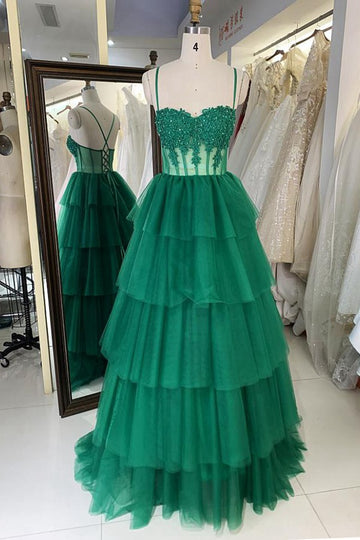 Trendy Dark Green Ruffles Straps Junior A-line Prom Gown JTR017