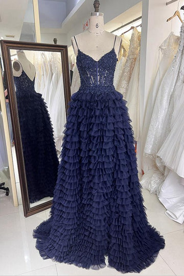 Trendy Navy Ruffles Spaghetti-Straps A-line Prom Gown JTR018