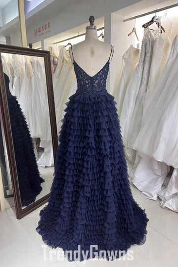 Trendy Navy Ruffles Spaghetti-Straps A-line Prom Gown JTR018