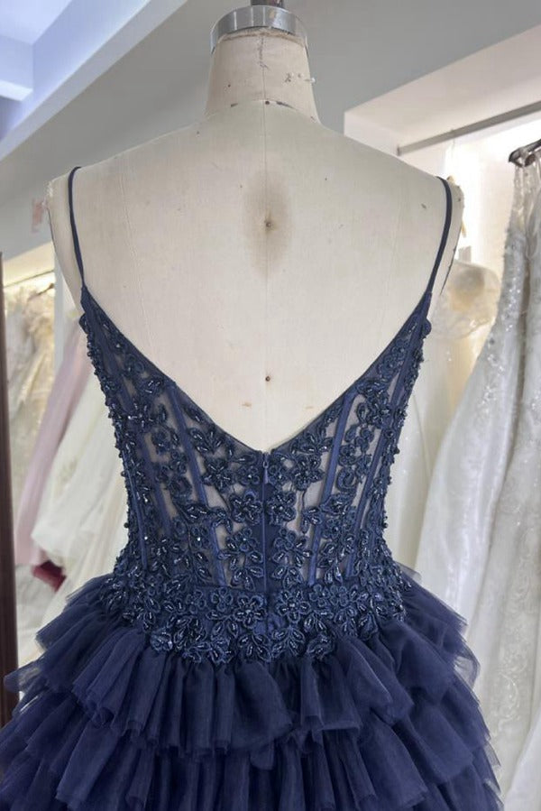 Trendy Navy Ruffles Spaghetti-Straps A-line Prom Gown JTR018 Trendy Navy Ruffles Spaghetti-Straps A-line Prom Gown JTR018