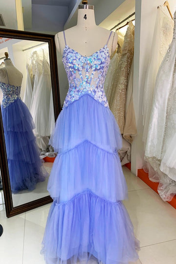 Trendy Lavender Purple Ruffles Spaghetti-Straps A-line Prom Gown JTR019