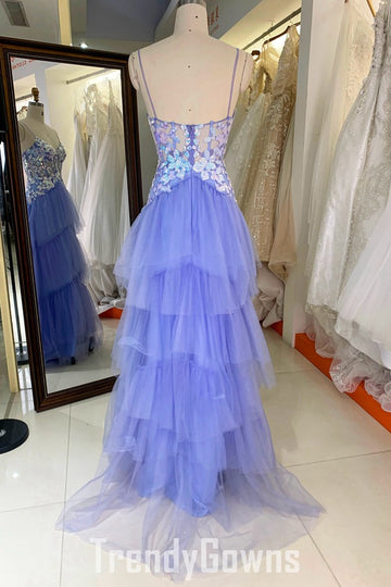 Trendy Lavender Purple Ruffles Spaghetti-Straps A-line Prom Gown JTR019