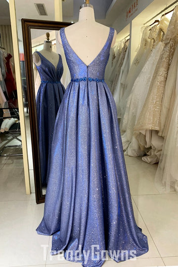 Trendy Blue V-neck A-line Prom Gown JTR020