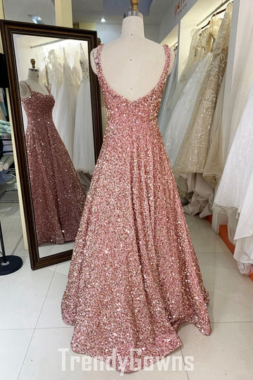 Trendy Pink Sequin Spaghetti-Straps A-line Prom Gown JTR022