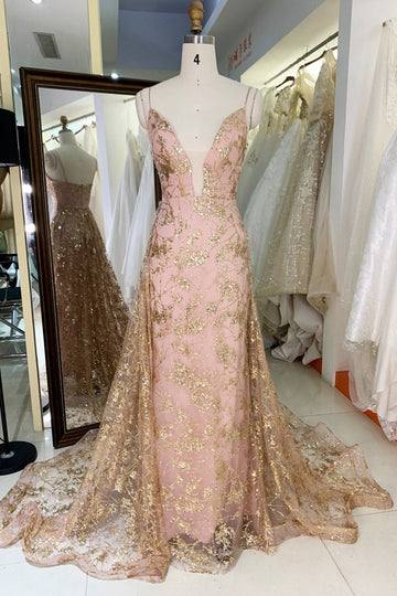 Trendy Pink Gold Lace Applique Spaghetti-Straps Sheath Prom Gown JTR023
