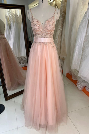 Trendy Pink Tulle Junior Spaghetti-Straps A-line Prom Gown JTR027