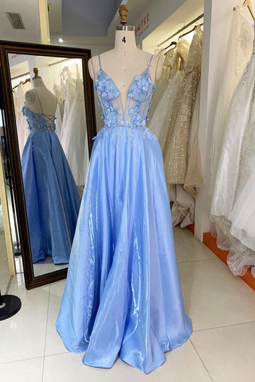 Trendy Light Blue Junior Spaghetti-Straps A-line Prom Gown JTR028