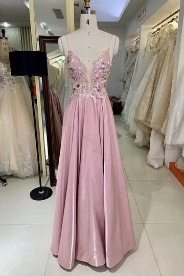 Trendy Pink Spaghetti-Straps Junior Lace A-line Prom Gown JTR032