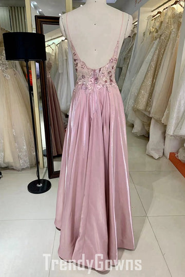 Trendy Pink Spaghetti-Straps Junior Lace A-line Prom Gown JTR032