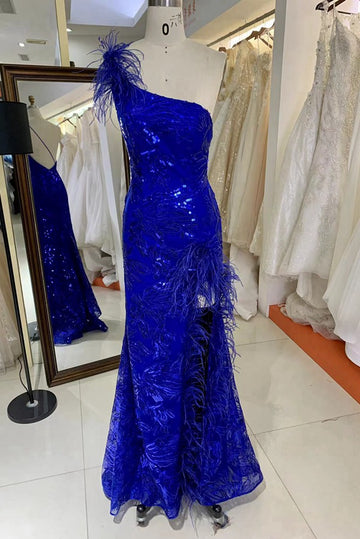 Trendy Royal Blue One Shoulder Slit Sheath Prom Gown JTR035