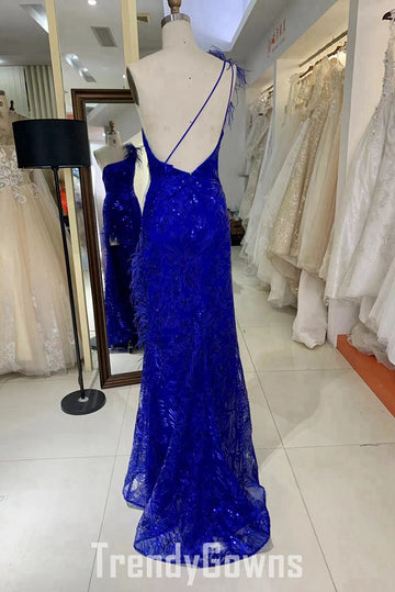 Trendy Royal Blue One Shoulder Slit Sheath Prom Gown JTR035