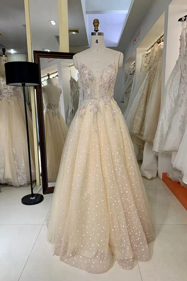 Trendy Champagne Junior Spaghetti-Straps Lace Princess Prom Gown JTR039