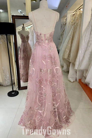 Trendy Pink Junior Spaghetti-Straps Lace A-line Prom Gown JTR040