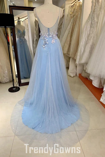 Trendy Blue Spaghetti-Straps Junior A-line Prom Gown JTR042