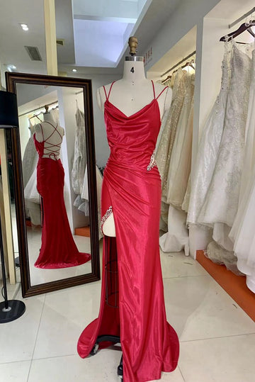 Trendy Red Spaghetti-Straps Slit Mermaid Prom Gown JTR046