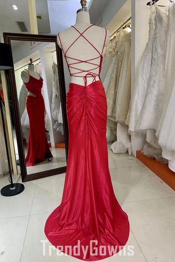 Trendy Red Spaghetti-Straps Slit Mermaid Prom Gown JTR046