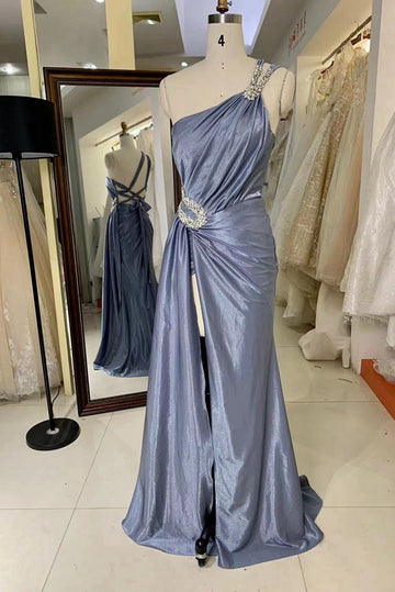 Trendy Gray One Shoulder Slit Mermaid Prom Gown JTR047