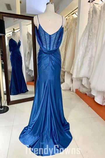 Trendy Blue Spaghetti-Straps Mermaid Prom Gown JTR048
