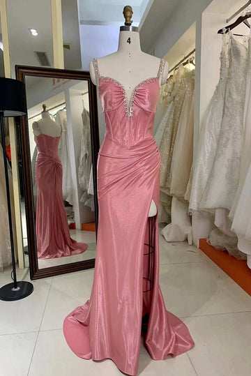Trendy Pink Straps Sexy Slit Mermaid Prom Gown JTR049