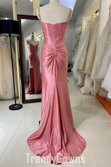 Trendy Pink Straps Sexy Slit Mermaid Prom Gown JTR049