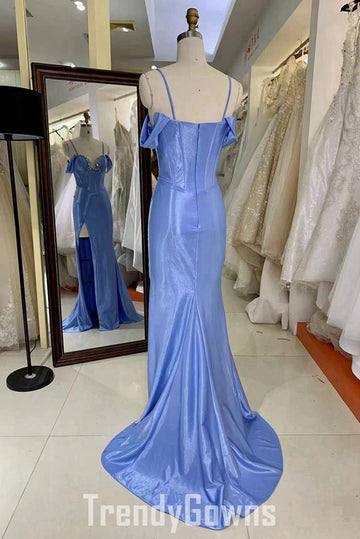 Trendy Blue Straps Sexy Slit Mermaid Prom Gown JTR050