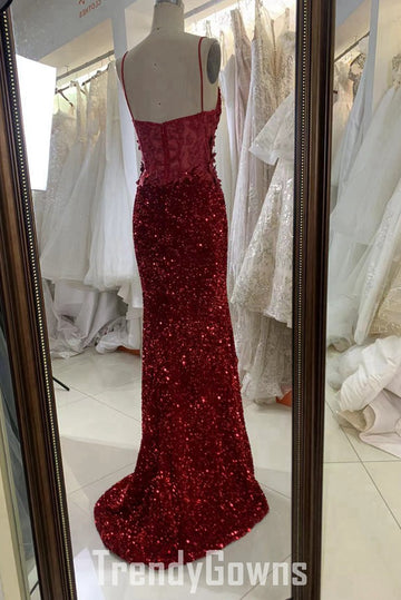 Trendy Burgundy Sequins Spaghetti-Straps Mermaid Prom Gown JTR052