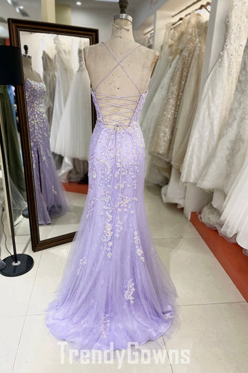 Trendy Purple Lilac Lace Spaghetti-Straps Mermaid Prom Gown JTR053