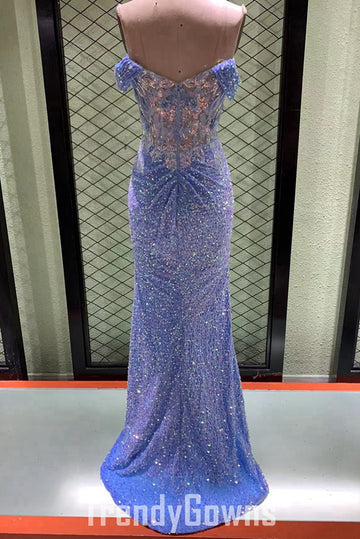 Trendy Blue Sequin Sex Slit Sweetheart Mermaid Prom Gown JTR055