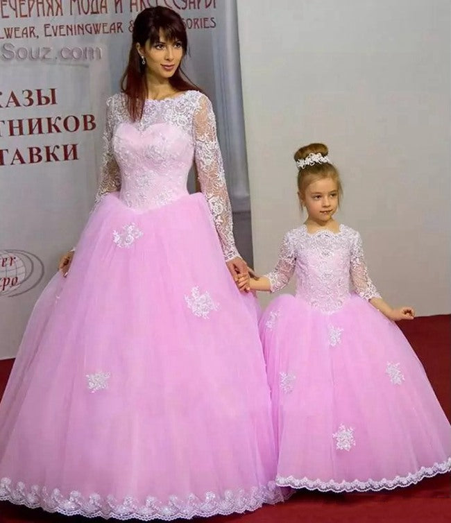 Pink Lace Long Sleeve Mother Daughter Matching Formal Dress MGD001