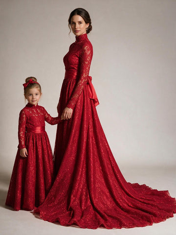 Red Long Sleeve Lace Mother Daughter Matching Formal Dress MGD003