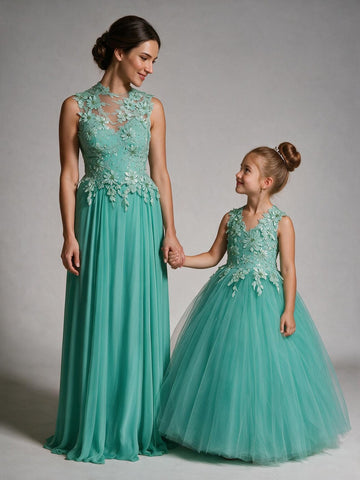 Turquiose Mother Daughter Matching Formal Dress MGD005