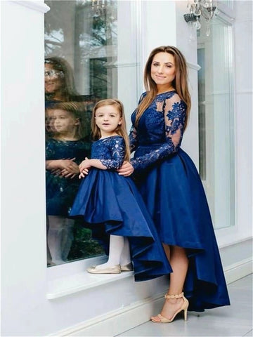 High Low Navy Long Sleeve Mother Daughter Matching Formal Dress MGD014