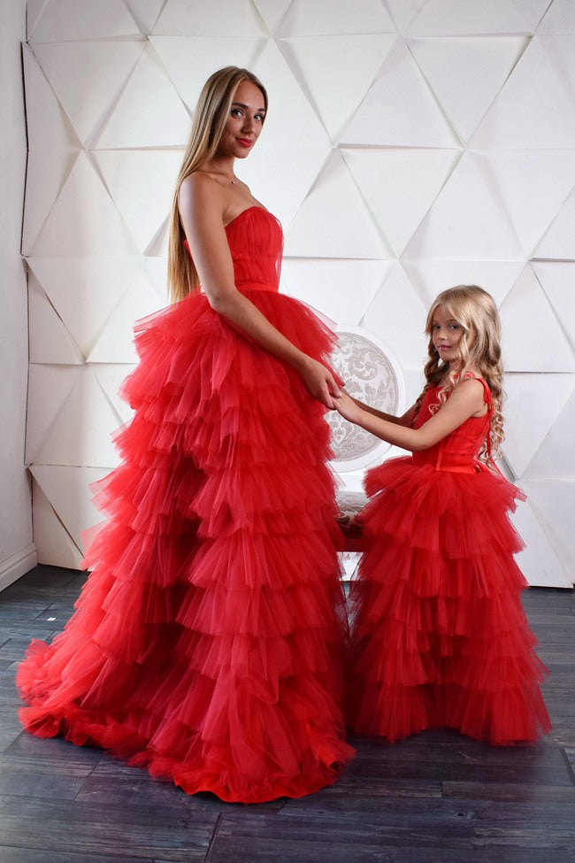 Red Ruffles Tulle Mother Daughter Matching Formal Dress MGD016